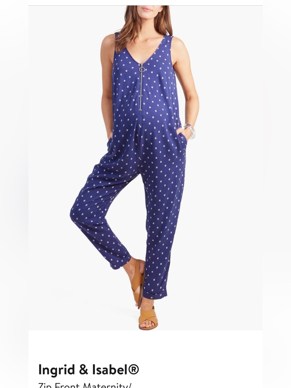 Isabel Maternity by Ingrid & Isabel Navy Blue Printed Zip-Front Jumpsuit, EUC M